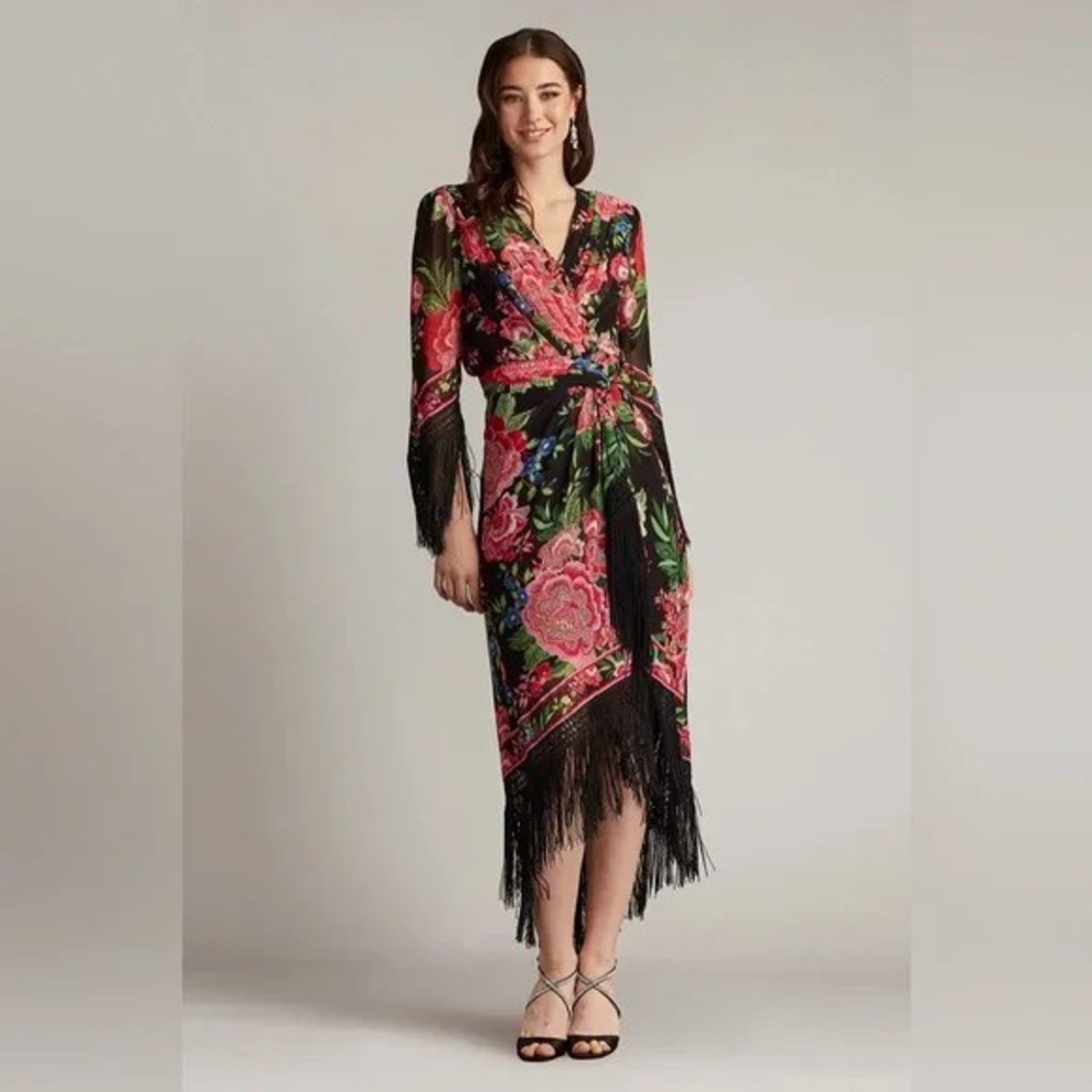 TADASHI SHOJI - MAIR FLORAL PRINT TASSEL FRINGE WRAP DRESS